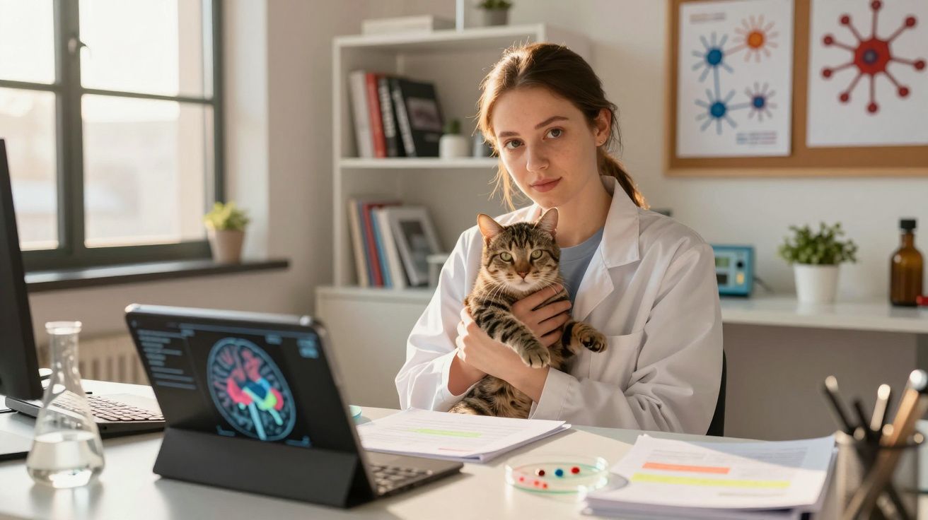 Jovem cientista em laboratório segura gato, com computador e anotações à sua frente.