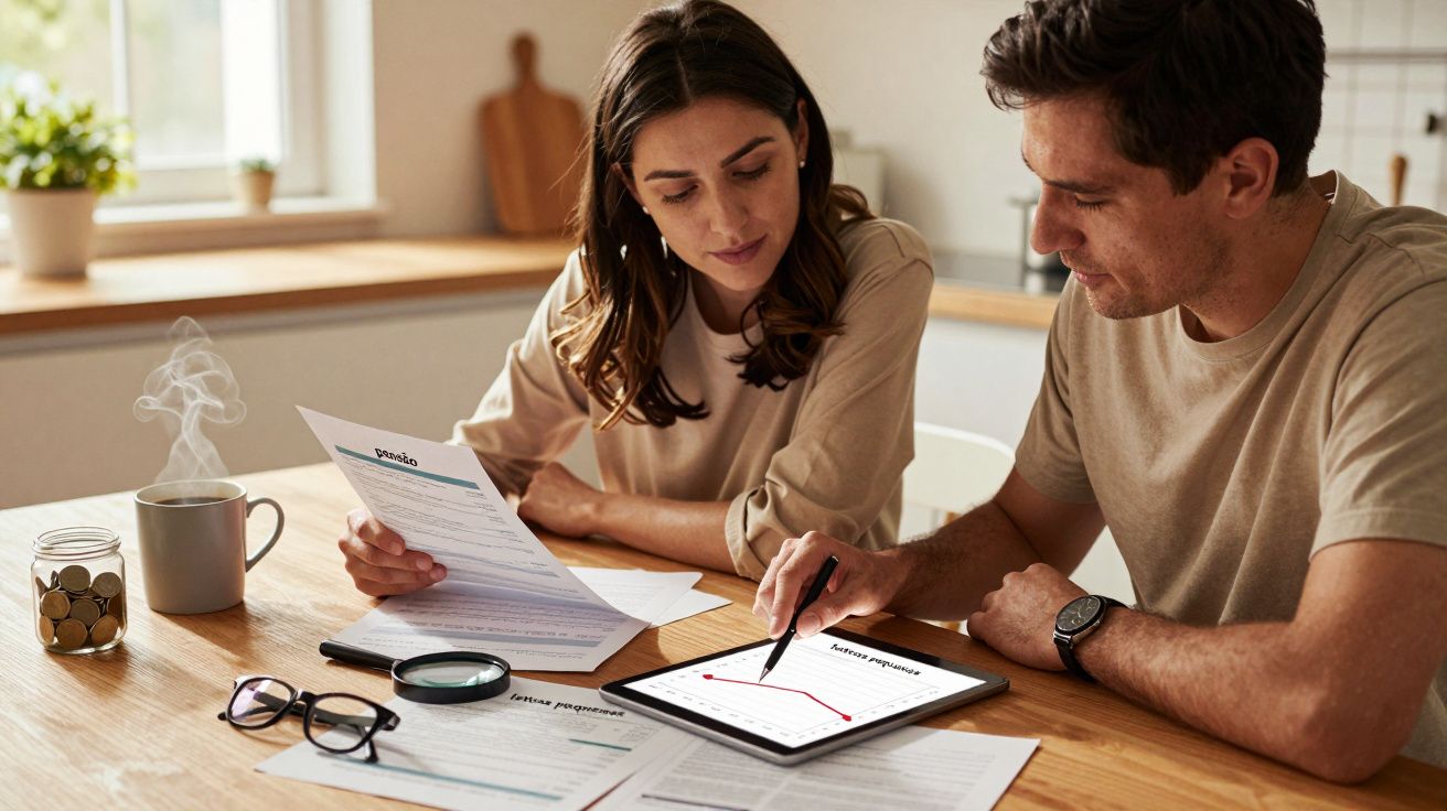 Casal a analisar documentos e gráficos financeiros numa mesa, com chá quente e moedas num frasco.