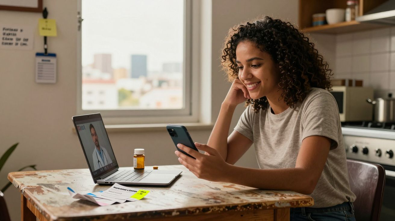 Mulher a fazer consulta médica online no computador, segurando telemóvel e a sorrir numa cozinha iluminada.
