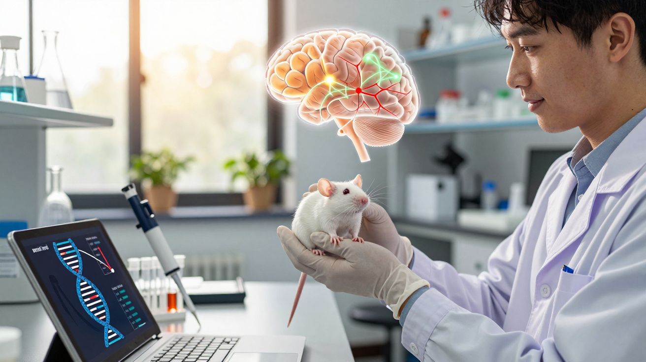 Cientista em laboratório observa rato branco enquanto análises de DNA e cérebro são exibidas digitalmente.
