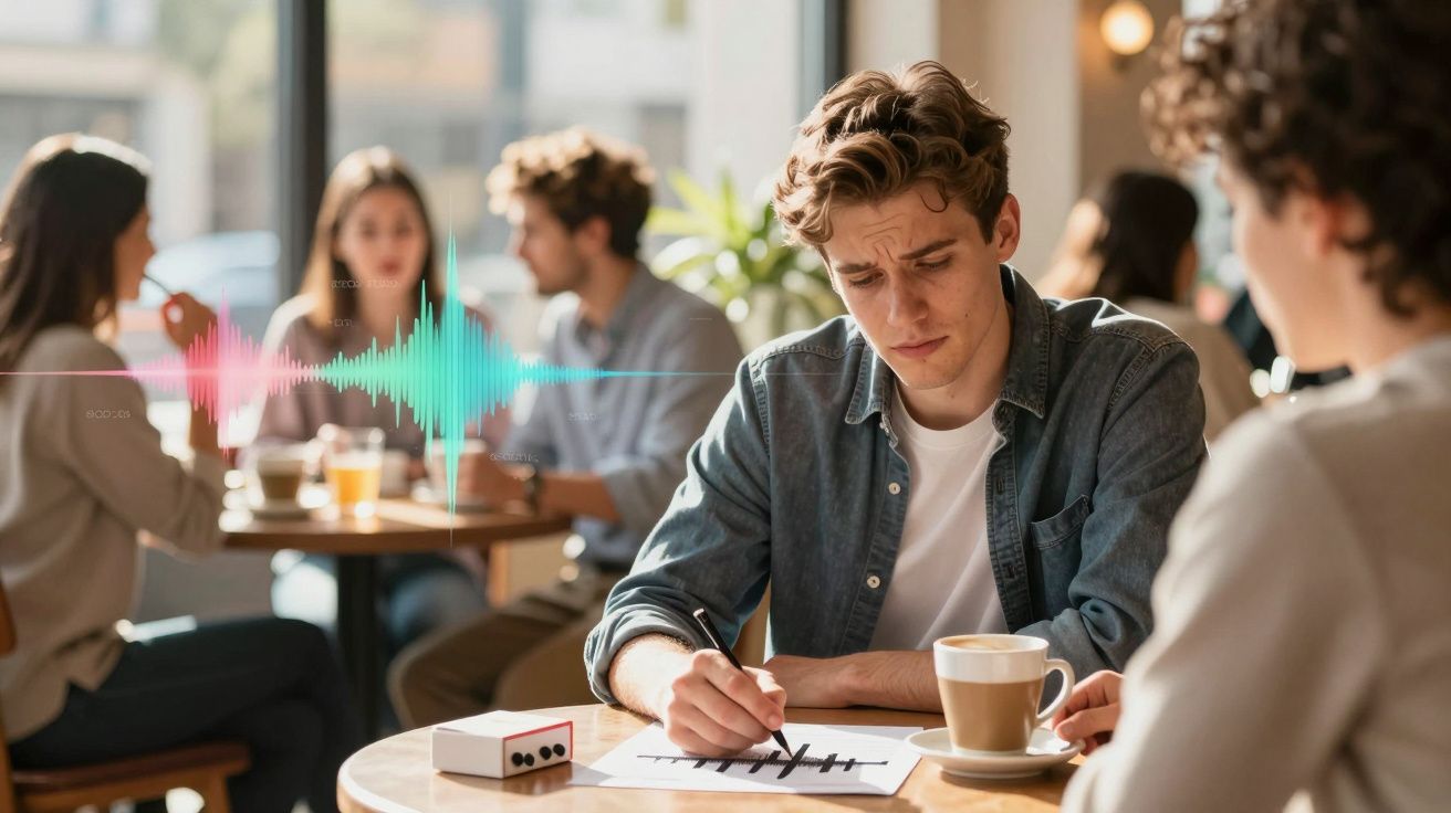 Jovem sentado num café a analisar gráficos sonoros numa folha, rodeado por outras pessoas em conversa.