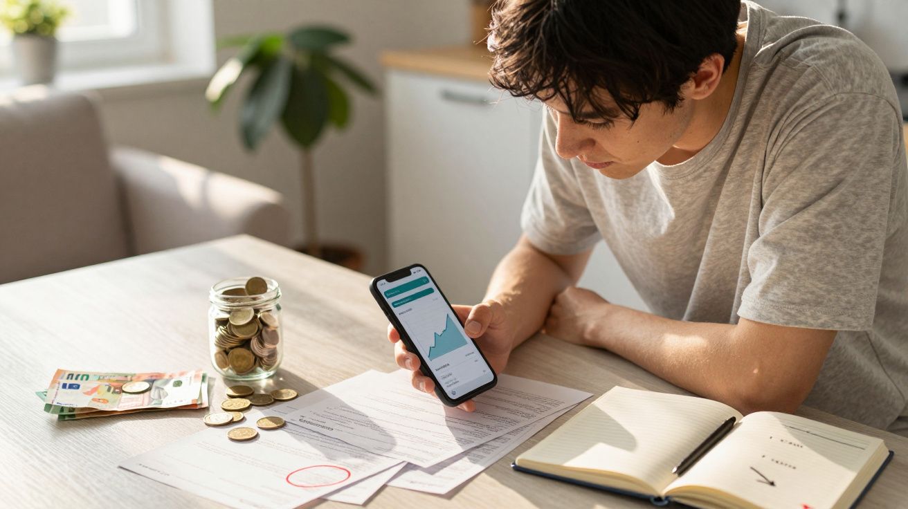 Homem consulta gráfico financeiro no telemóvel, com documentos, dinheiro e caderno numa mesa.