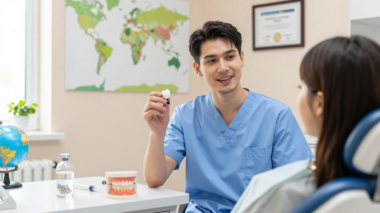 Dentista em consultório a explicar tratamentos dentários a paciente sentada numa cadeira clínica.