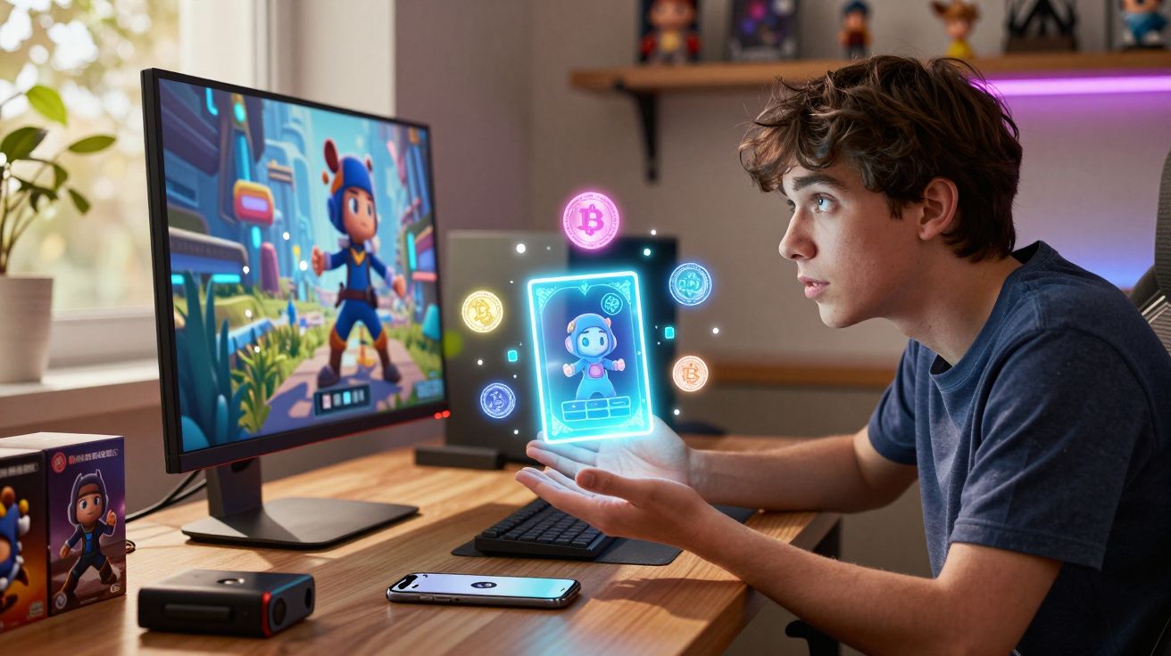 Jovem interage com holograma de personagem de jogo digital e criptomoedas numa secretária com computador.