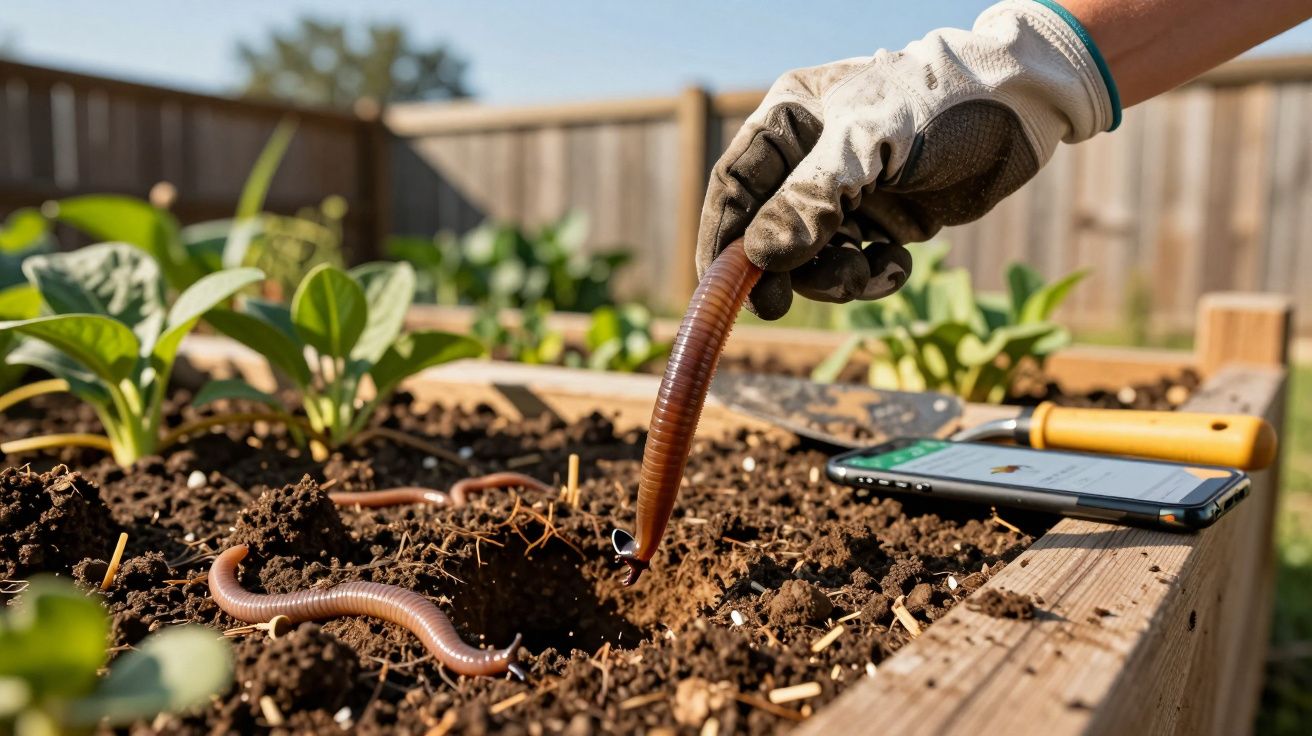 Mão com luva a segurar uma minhoca em canteiro de terra com plantas e smartphone ao fundo.
