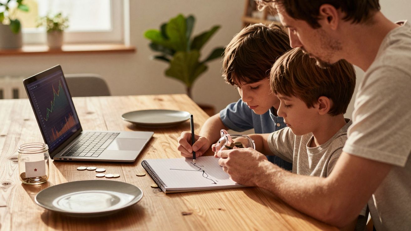Pai ensina filhos a poupar e investir dinheiro com cofrinho, caderno e gráficos num computador portátil.