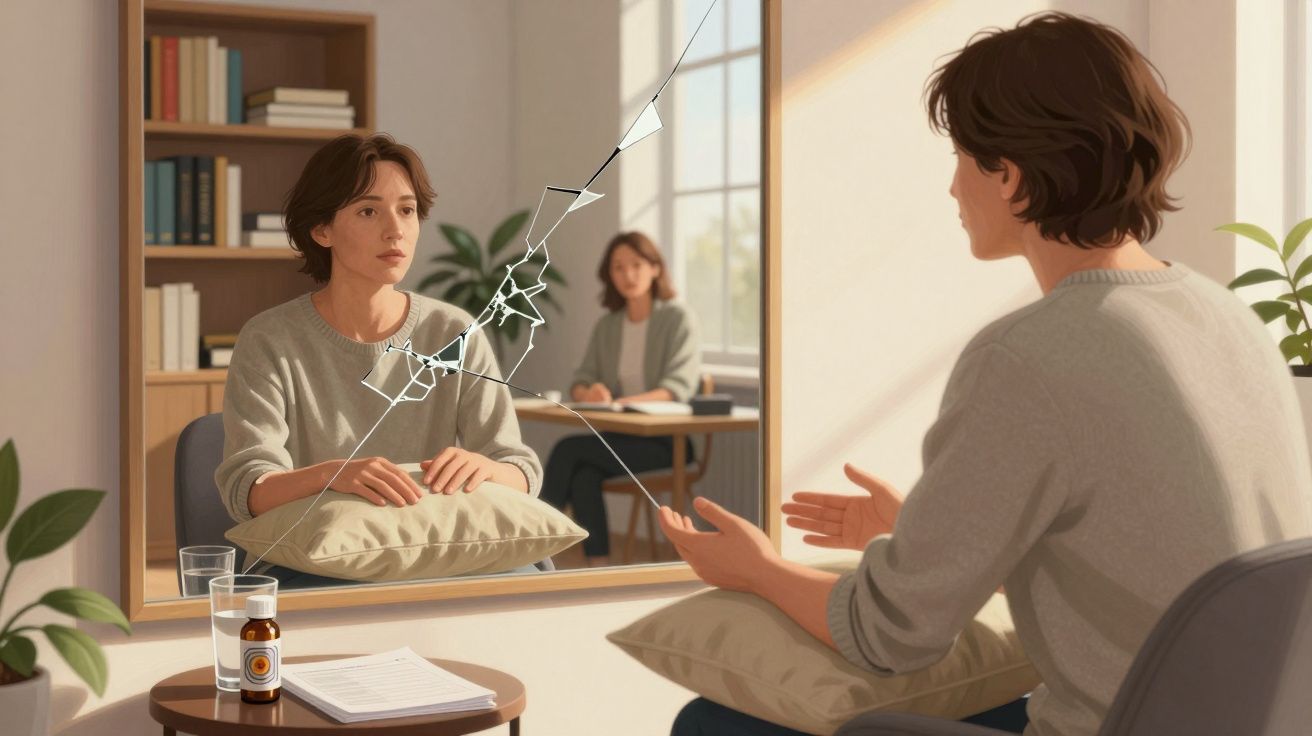 Jovem sentado com almofada no colo conversa refletido em espelho com fissura num consultório iluminado.