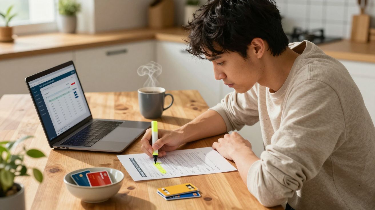 Pessoa a sublinhar documento com marcador amarelo numa mesa com computador portátil e chá quente.
