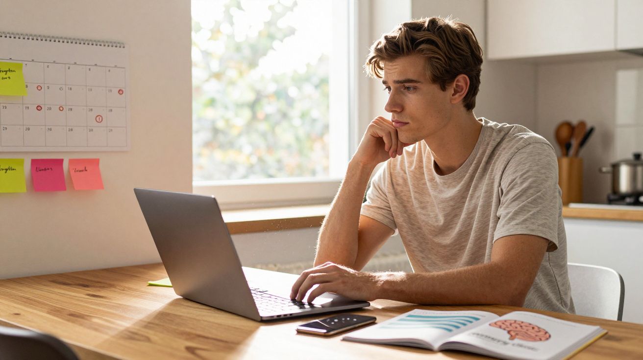 Jovem a estudar com laptop e livro aberto sobre cérebro, sentado à mesa numa cozinha luminosa.