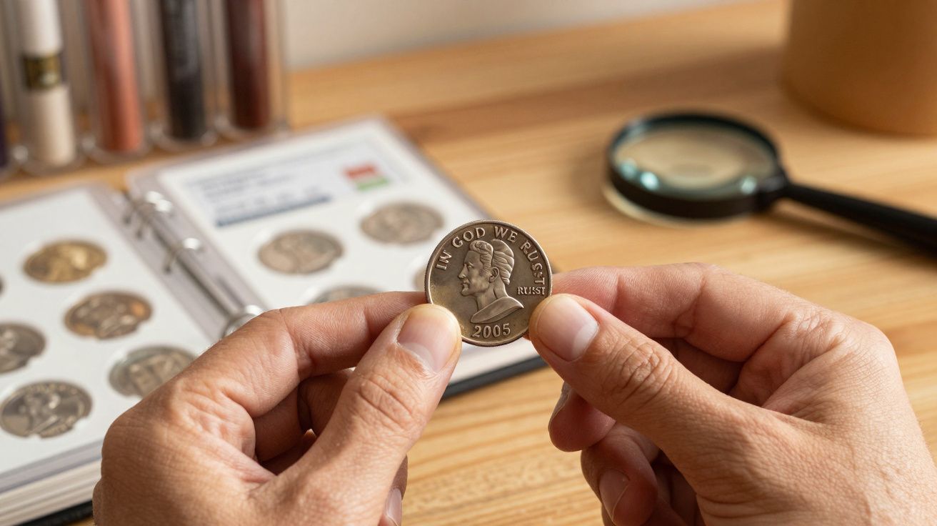 Mãos seguram uma moeda de 2005 com coleção de moedas e lupa em fundo de mesa de madeira.