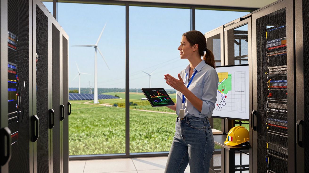 Mulher a analisar gráficos num tablet numa sala com servidores, com turbinas e painéis solares ao fundo.