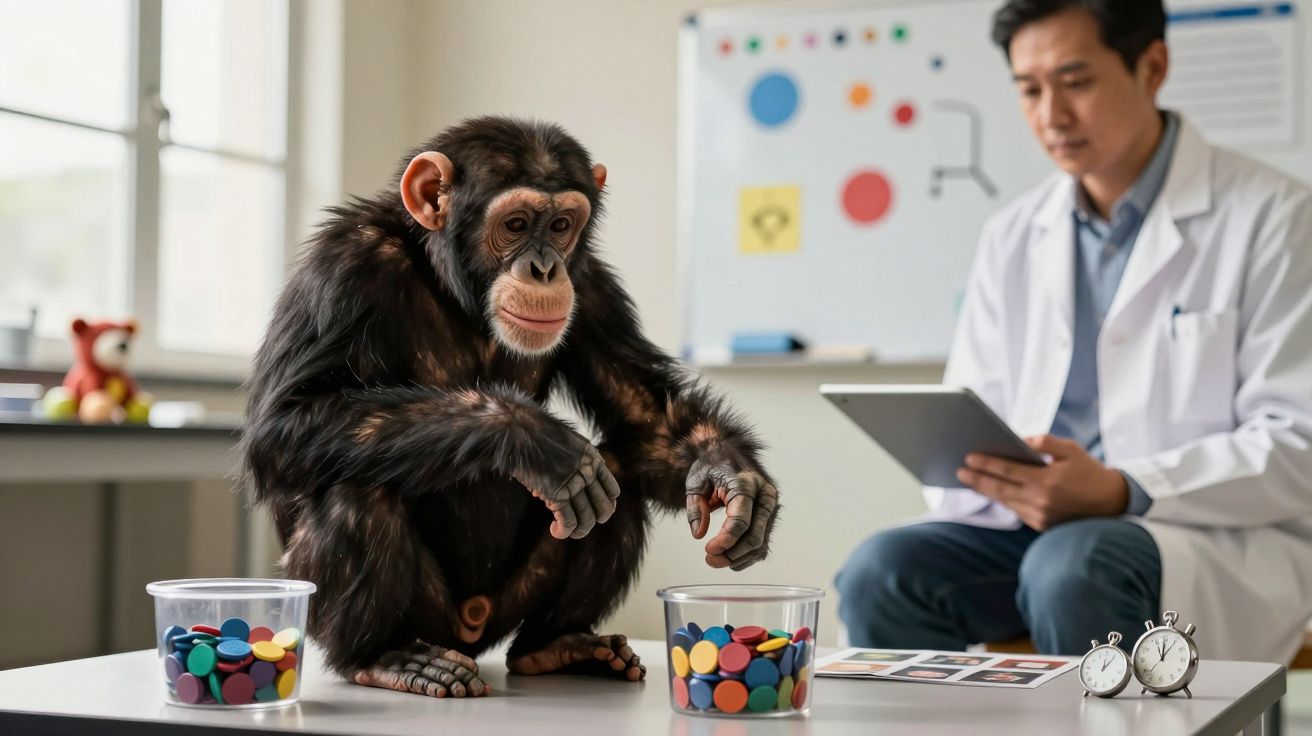 Chimpanzé sentado numa mesa com copos coloridos enquanto um cientista observa e regista dados num tablet.