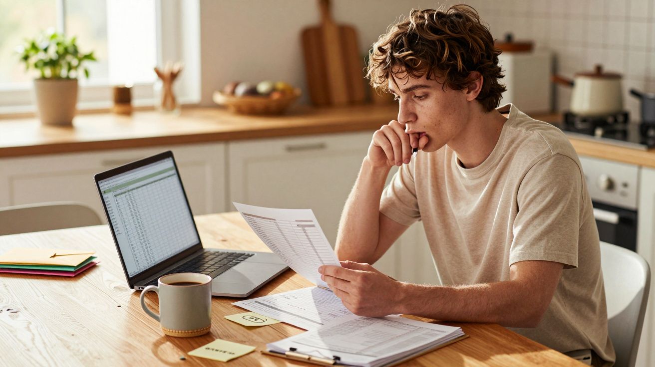 Jovem a analisar documentos e a trabalhar num portátil numa cozinha bem iluminada e organizada.