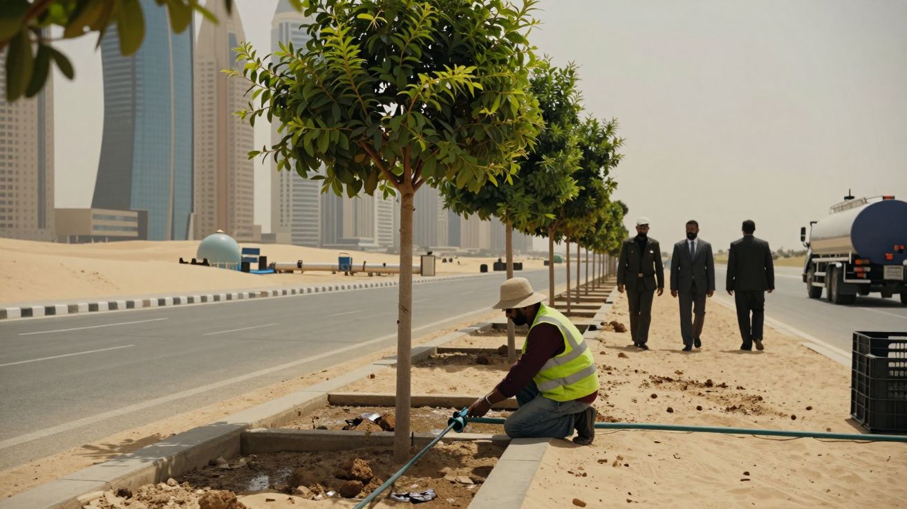 Trabalhador regando árvores em área urbana desértica com três homens a caminhar e camião ao fundo.