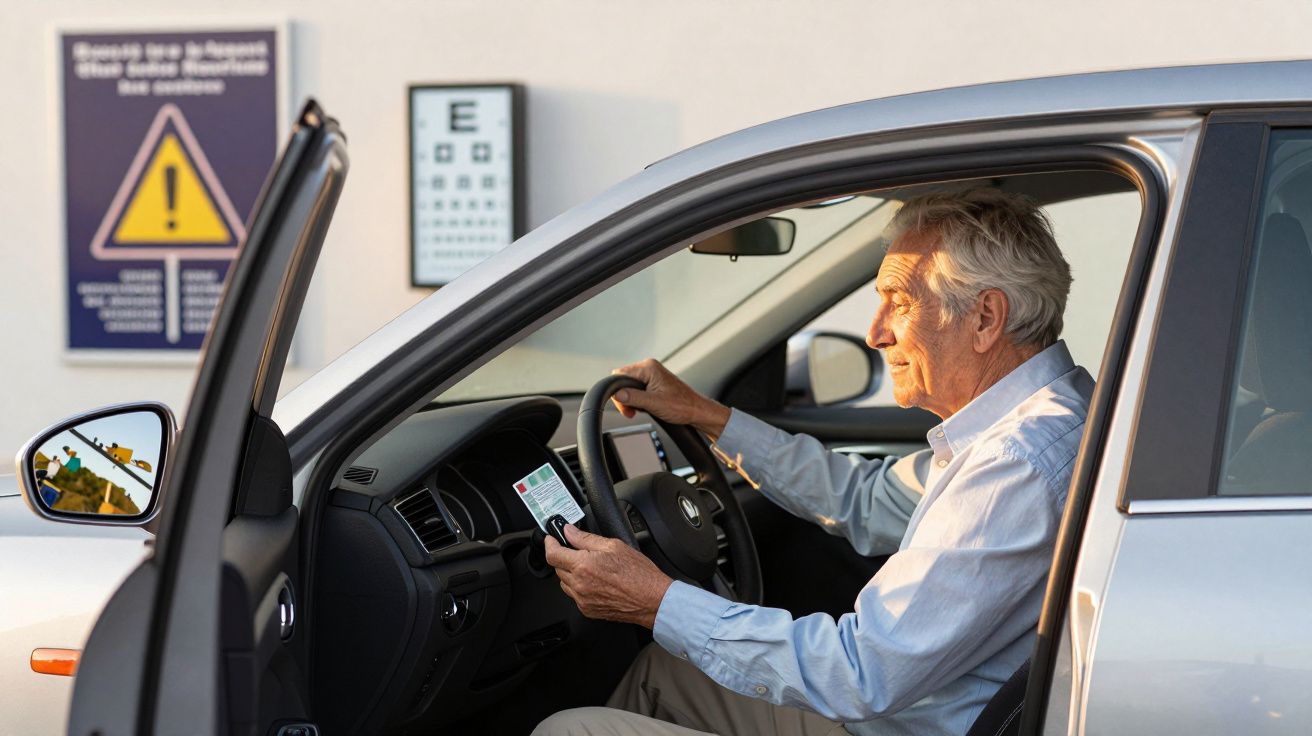 Homem idoso sentado em carro com porta aberta, a segurar cartão e a olhar para frente, com tabela de visão ao fundo.