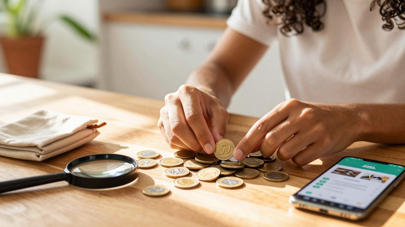 Pessoa a contar e organizar moedas na mesa, com telemóvel e lupa ao lado.