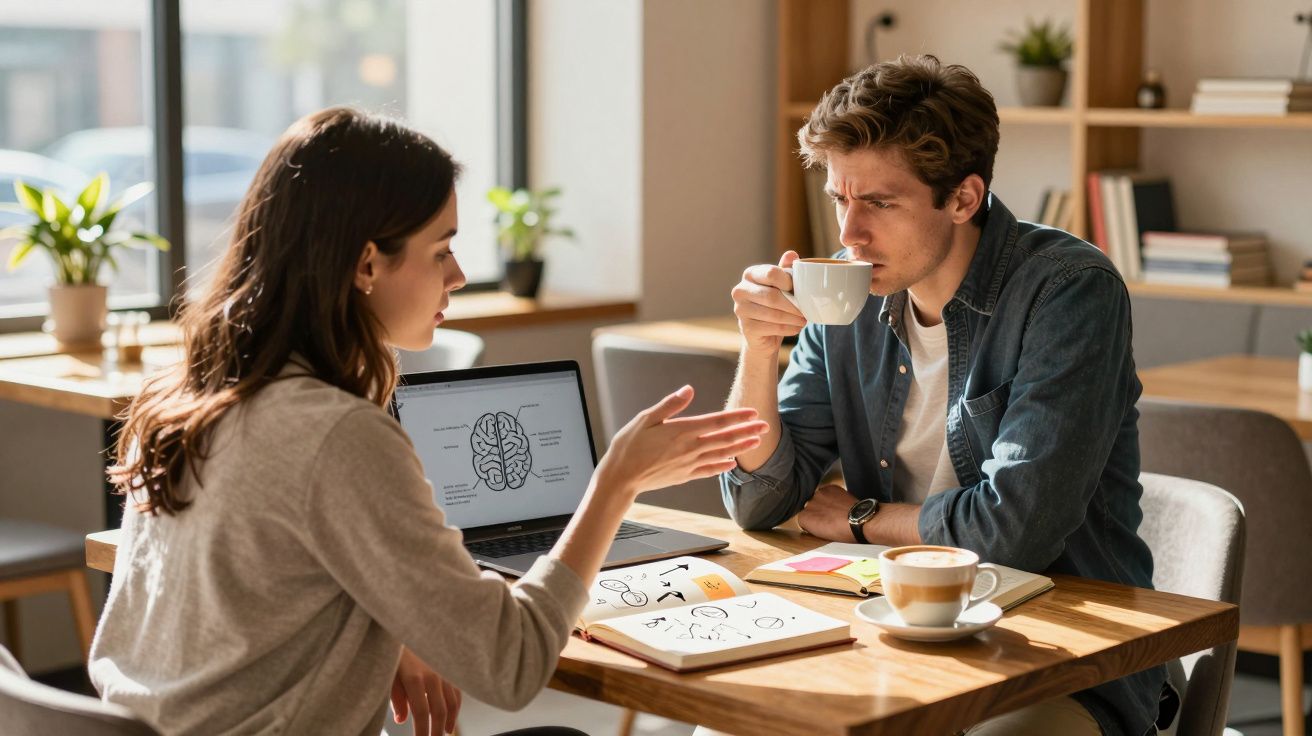 Duas pessoas discutem projetos e pesquisas numa mesa com computador, livros e cafés num ambiente iluminado.