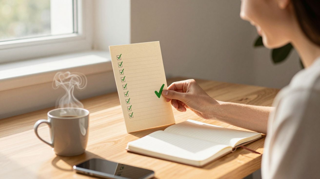 Pessoa a segurar lista de tarefas concluídas com chá a fumegar, caderno e smartphone numa mesa junto a uma janela.
