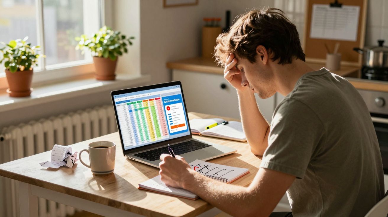 Homem preocupado a trabalhar com tabela no portátil e fazendo anotações à mão numa mesa iluminada.