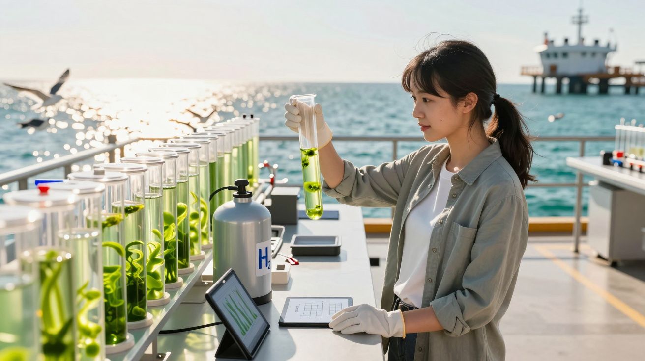 Mulher cientista analisa amostra verde em tubo de ensaio num laboratório ao ar livre frente ao mar.