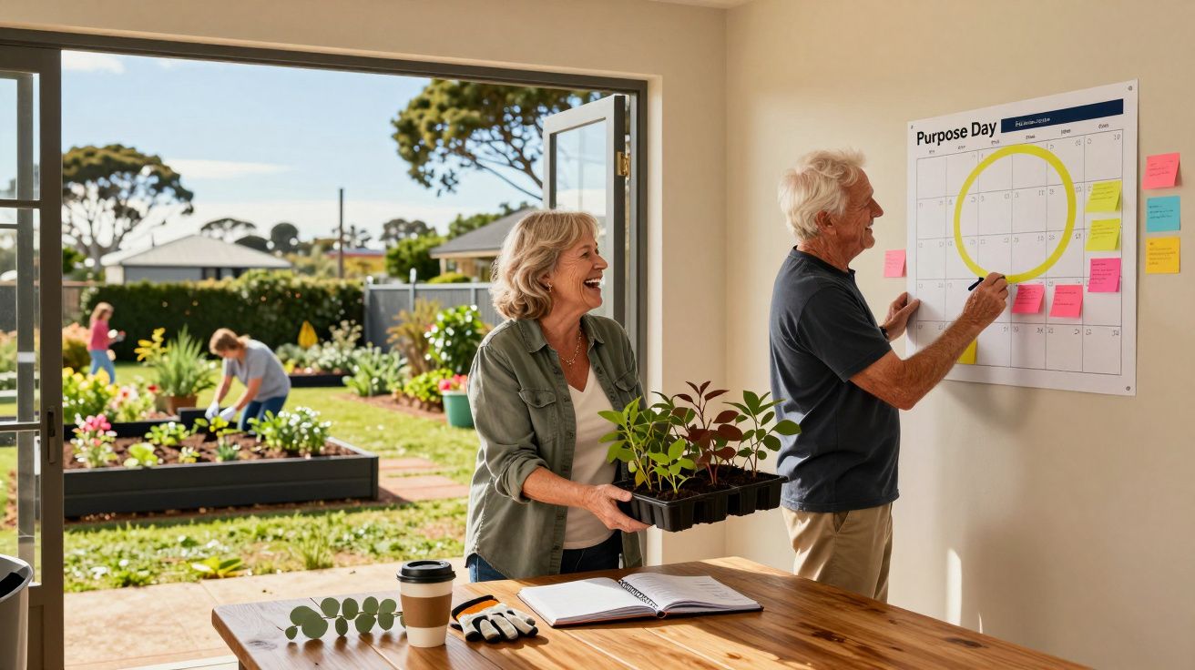 Casal sénior a planear atividades junto a calendário, com pessoas a jardinar num quintal ao fundo.