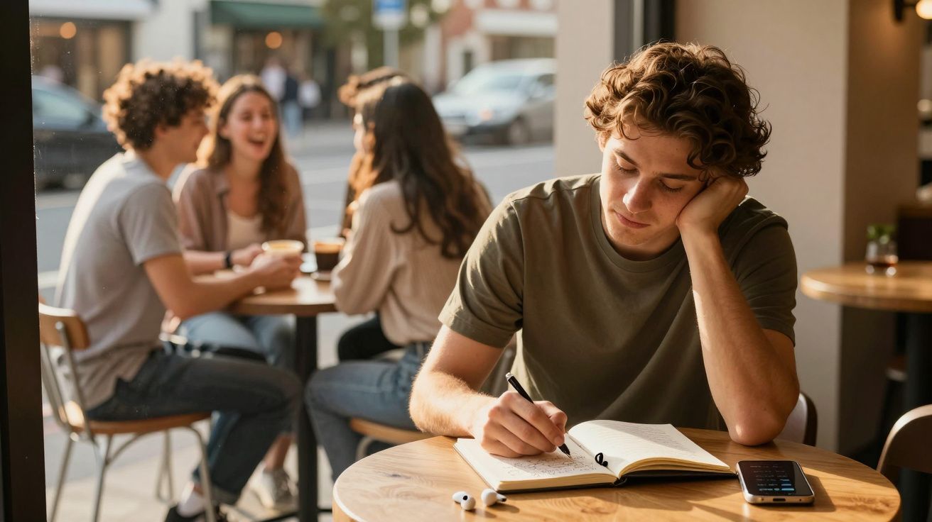 Jovem concentrado a escrever num caderno sentado sozinho numa mesa de café, enquanto grupo socializa ao fundo.