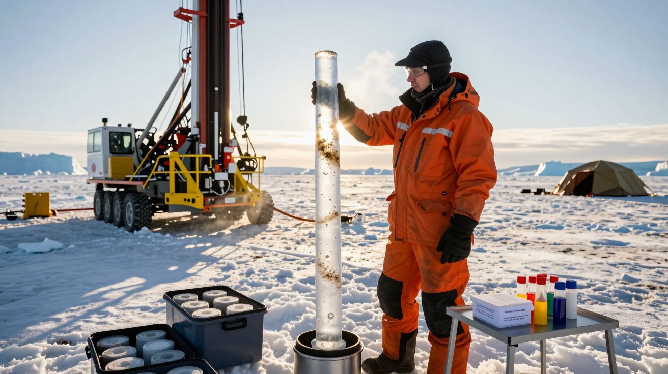 Cientista em fato laranja segura amostra de gelo com equipamento de perfuração em paisagem gelada.