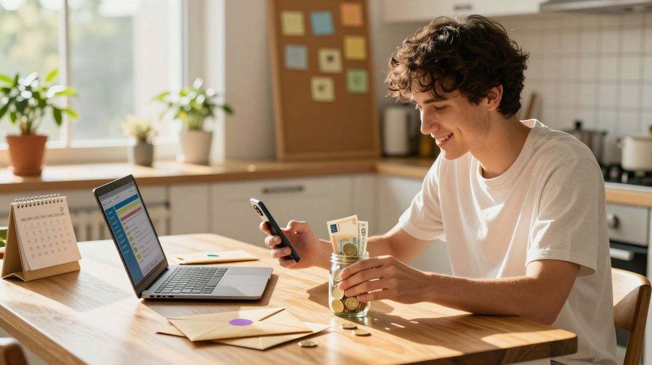 Jovem sentado à mesa com computador, a contar moedas num frasco e a usar o telemóvel.