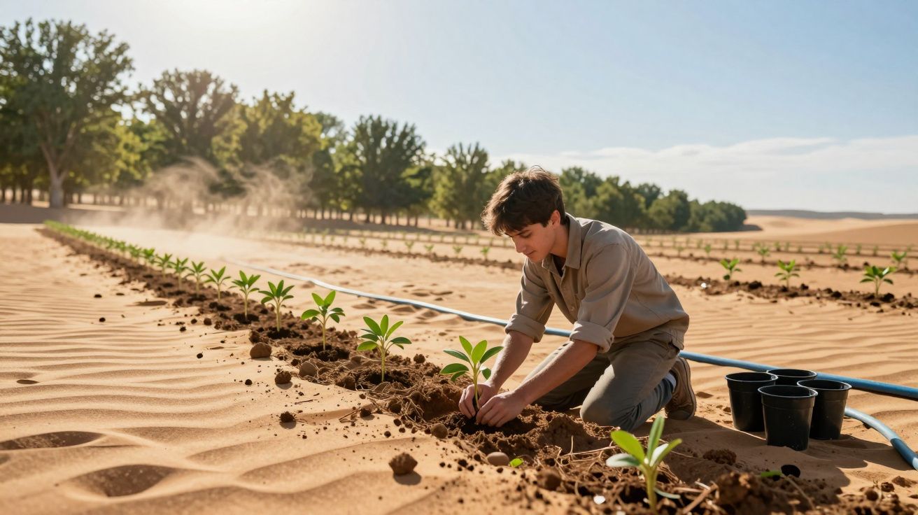 Jovem planta mudas numa fileira em solo arenoso com mangueira de irrigação e copos pretos ao lado.