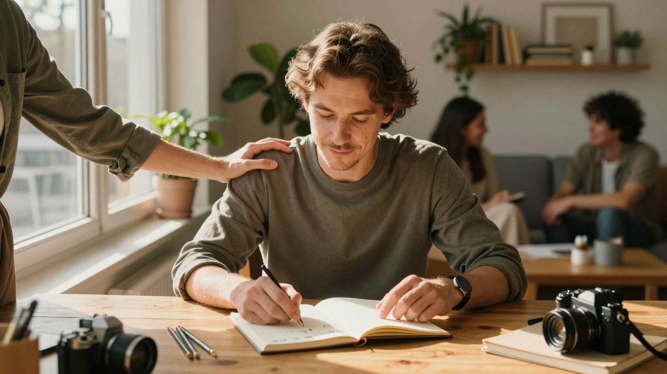 Homem a escrever num caderno com pessoa a confortá-lo e casal conversando ao fundo numa sala iluminada.