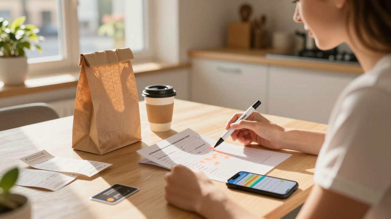 Pessoa a fazer contas com caneta, olhando documentos e smartphone numa mesa de madeira com embrulho e café.