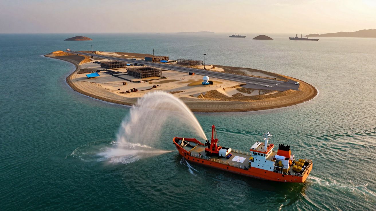 Navio de reabastecimento a jato de água ao largo de ilha artificial em mar calmo ao pôr do sol.
