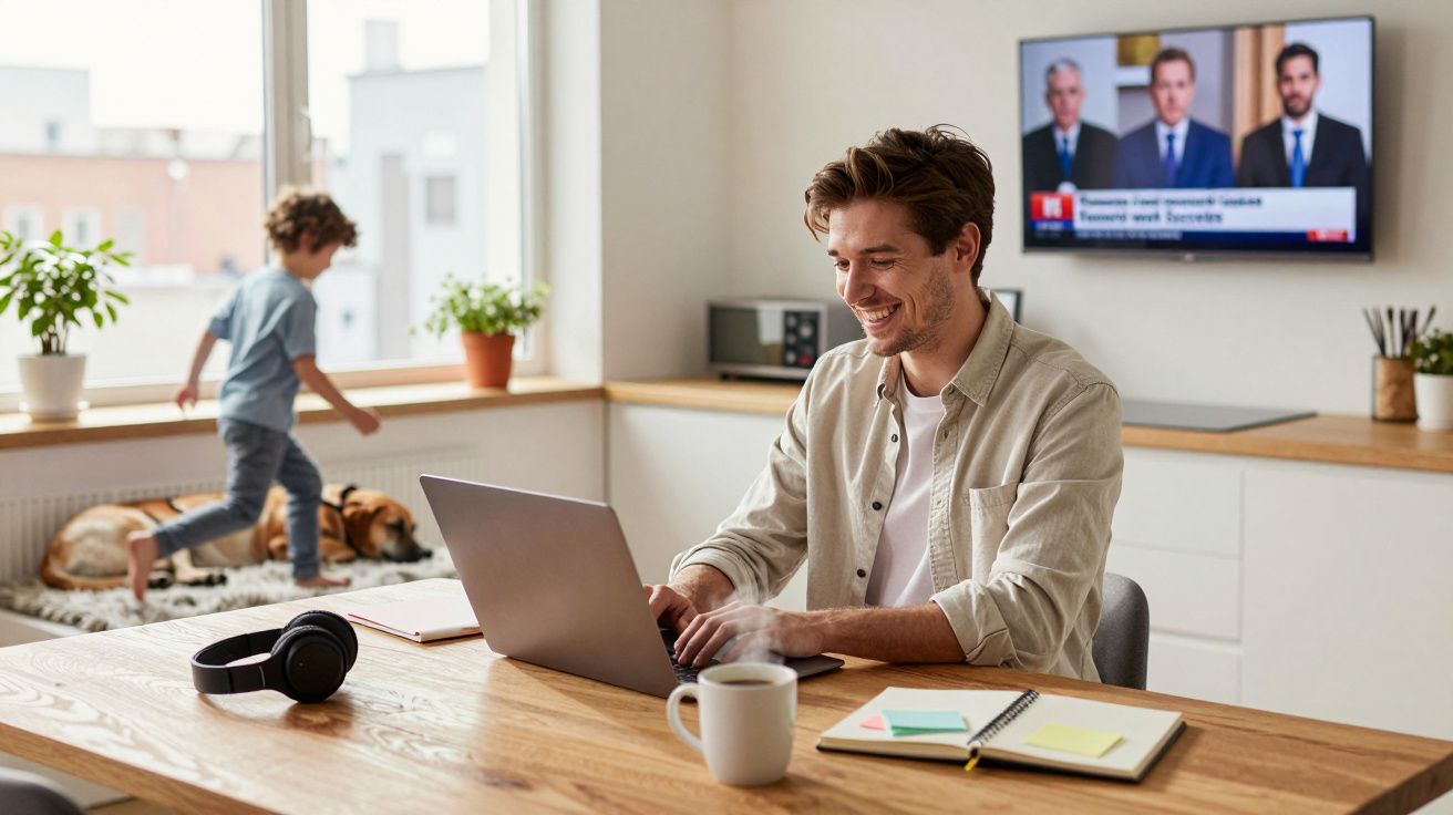 Homem sorridente a trabalhar no portátil numa cozinha luminosa com criança e cão ao fundo.