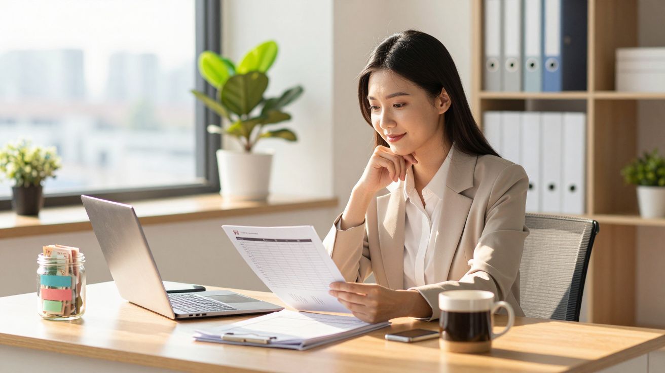 Mulher a trabalhar no escritório a analisar documentos junto ao computador portátil e caneca de café.