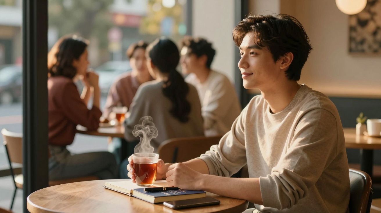 Jovem sentado sozinho a beber chá quente numa mesa de café, com livro e telemóvel à sua frente.