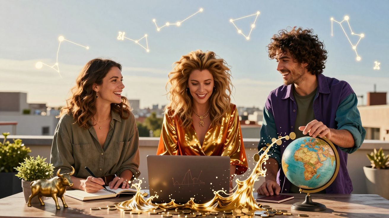 Três jovens a trabalhar numa mesa com laptop, globo e livros, constelações iluminadas no céu ao fundo.