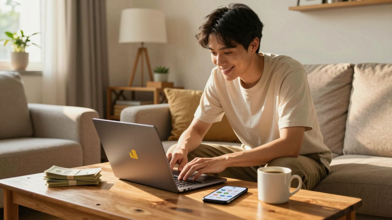 Homem sentado no sofá a usar portátil, com telemóvel, café e dinheiro sobre a mesa de madeira.