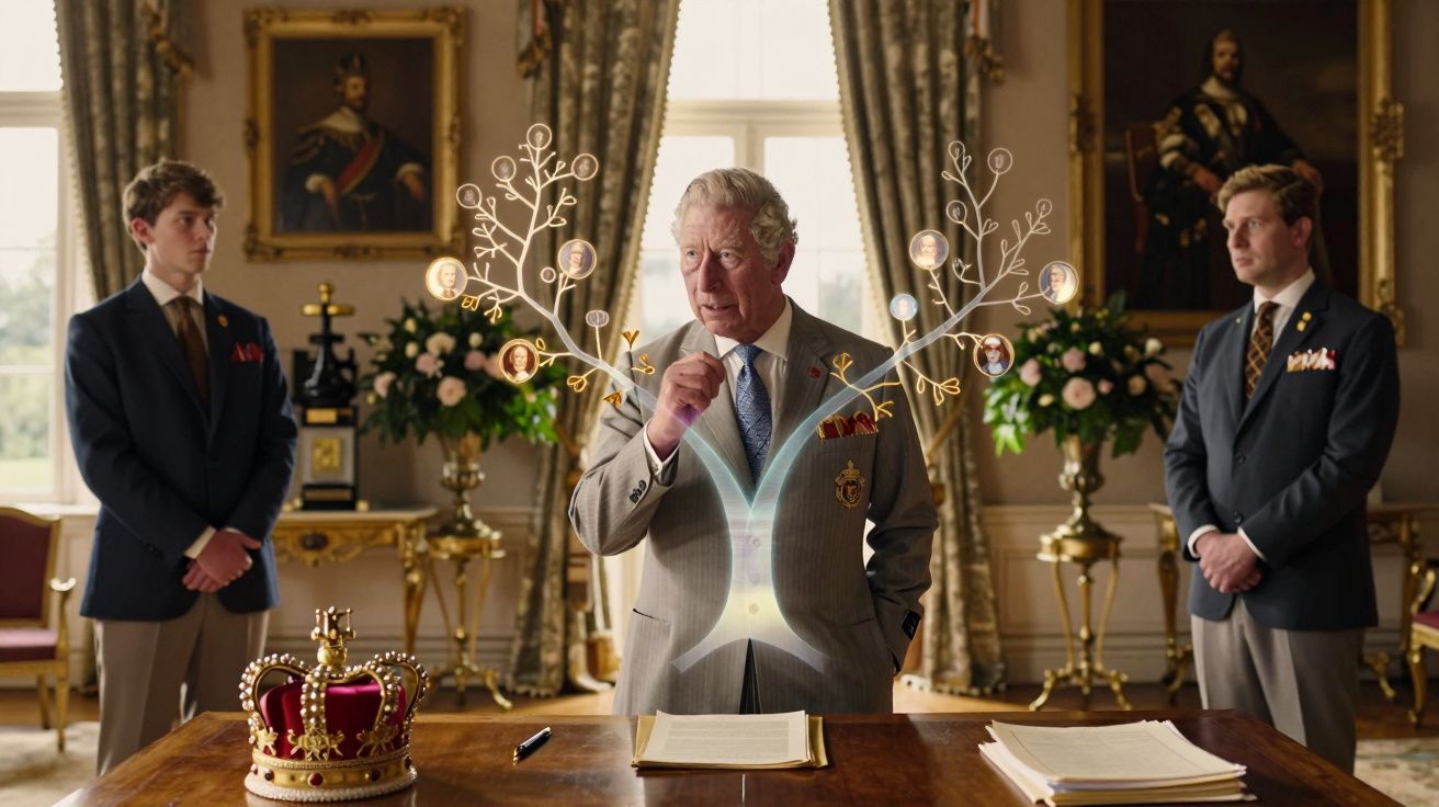 Homem de fato cinzento fala ao centro com dois jovens de fato ao lado, coroa sobre mesa e gráfico genealógico digital à frent