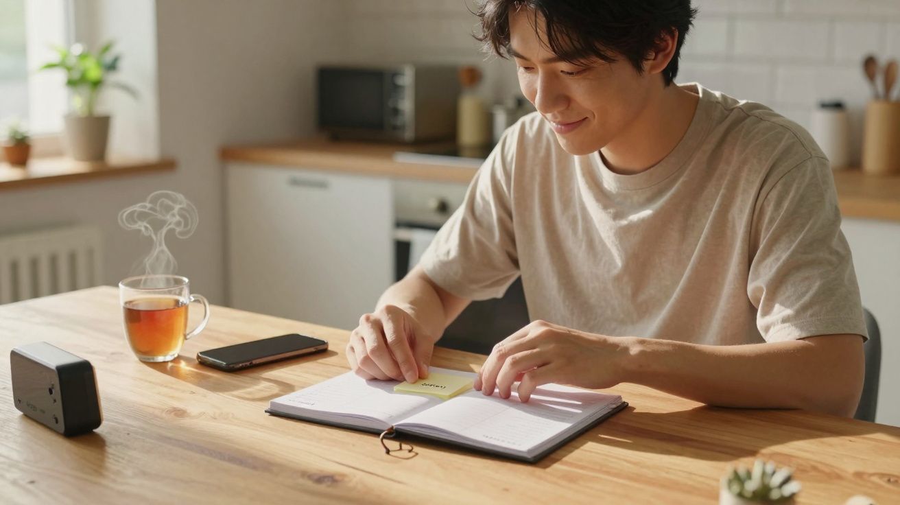 Homem sorridente a escrever notas num caderno, com chá e telemóvel numa mesa de madeira na cozinha.