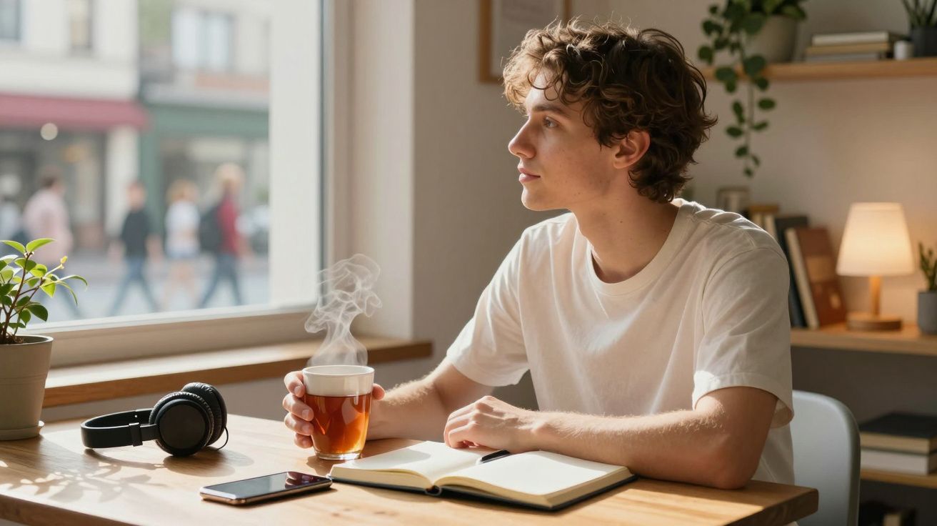 Jovem sentado numa mesa com chá quente, caderno aberto, auscultadores e telemóvel, olhando pela janela.