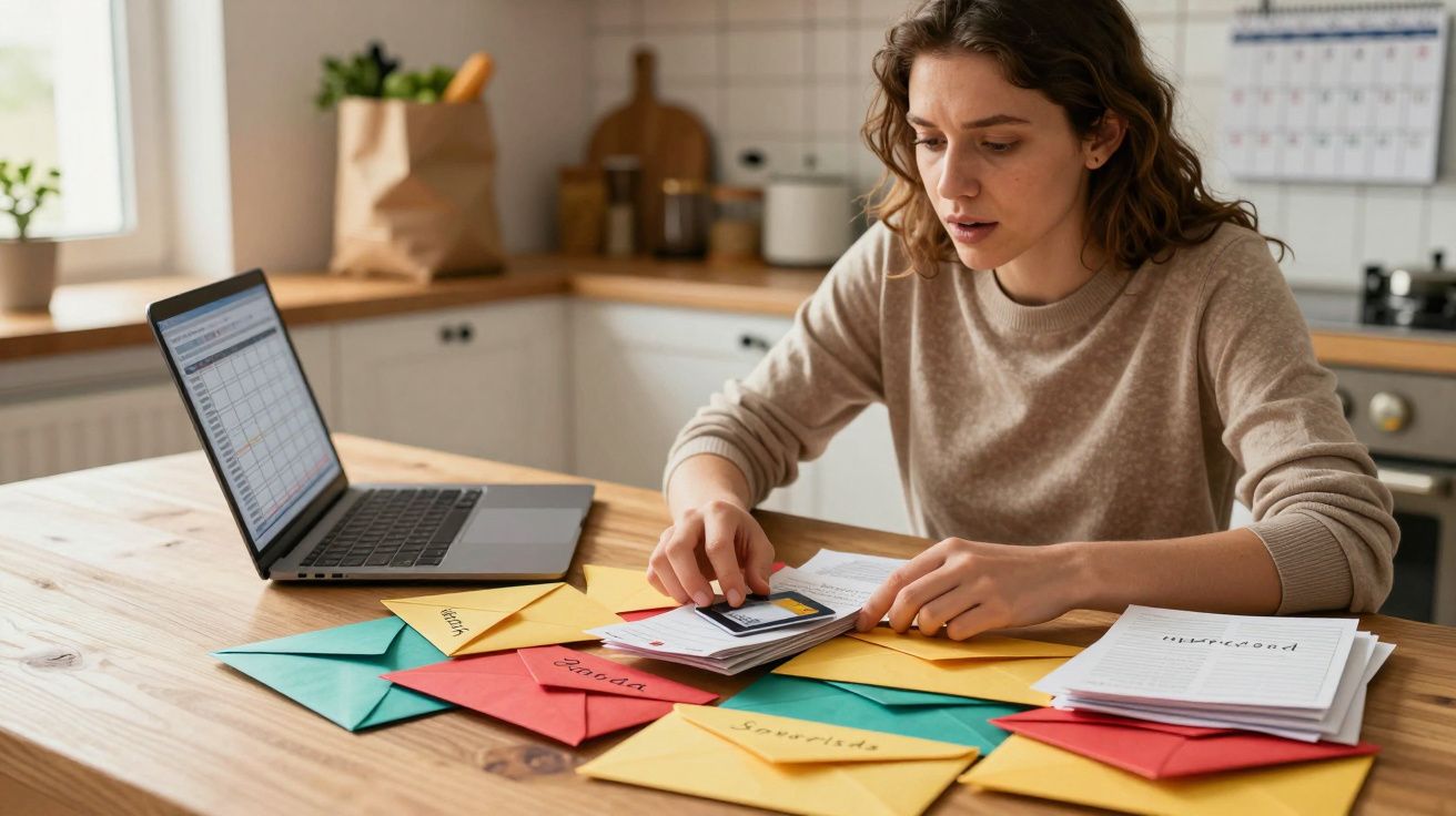 Mulher sentada à mesa a organizar cartas coloridas e documentos, com computador portátil aberto à frente numa cozinha.