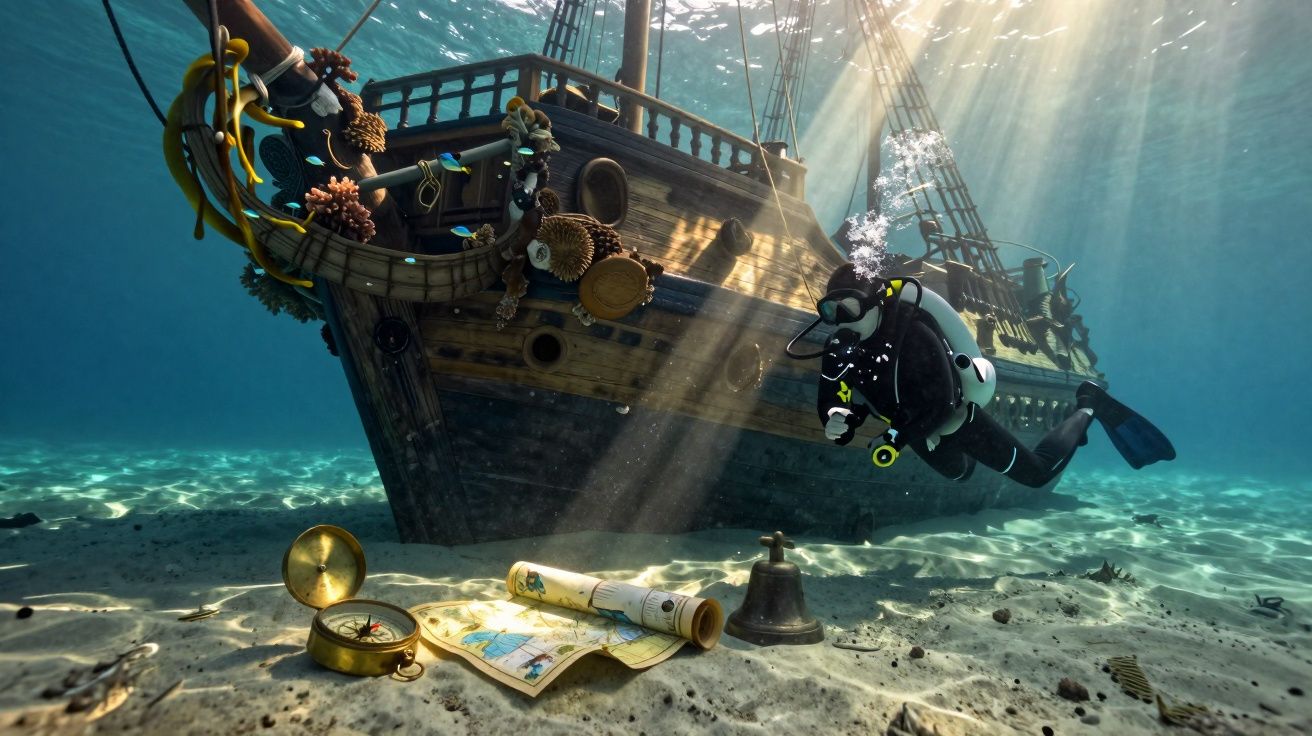 Mergulhador explora tesouro no fundo do mar perto de navio pirata antigo iluminado por raios de sol.