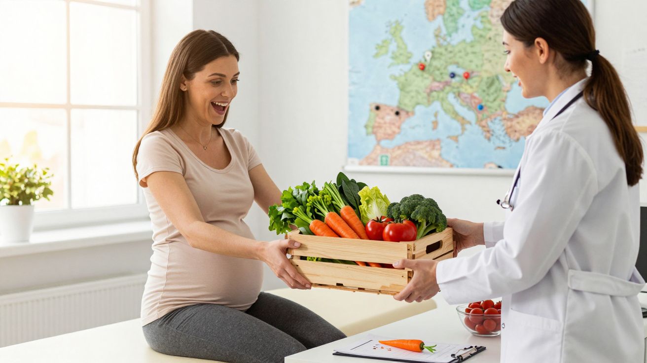 Mulher grávida a receber caixa de legumes frescos de médica num consultório com mapa de Europa na parede.