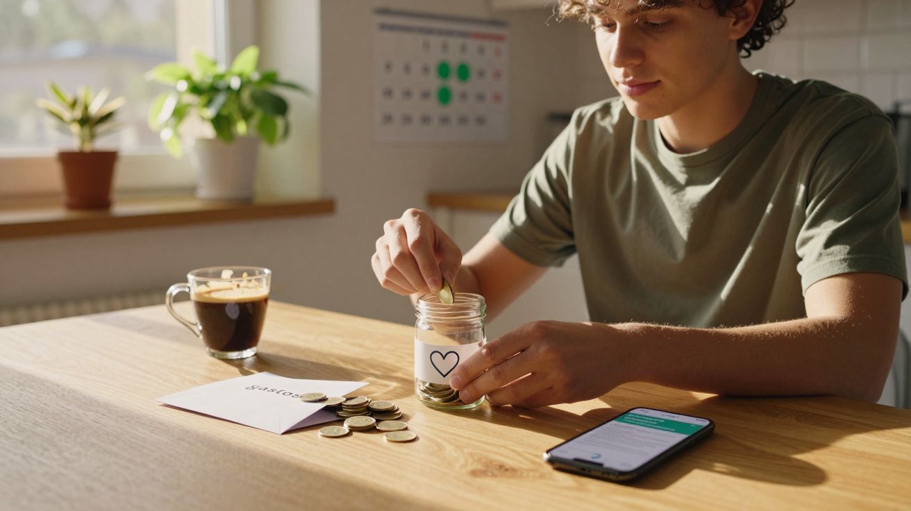 Jovem sentado a pôr moedas num pote com coração, com café, telemóvel e envelope numa mesa de madeira.
