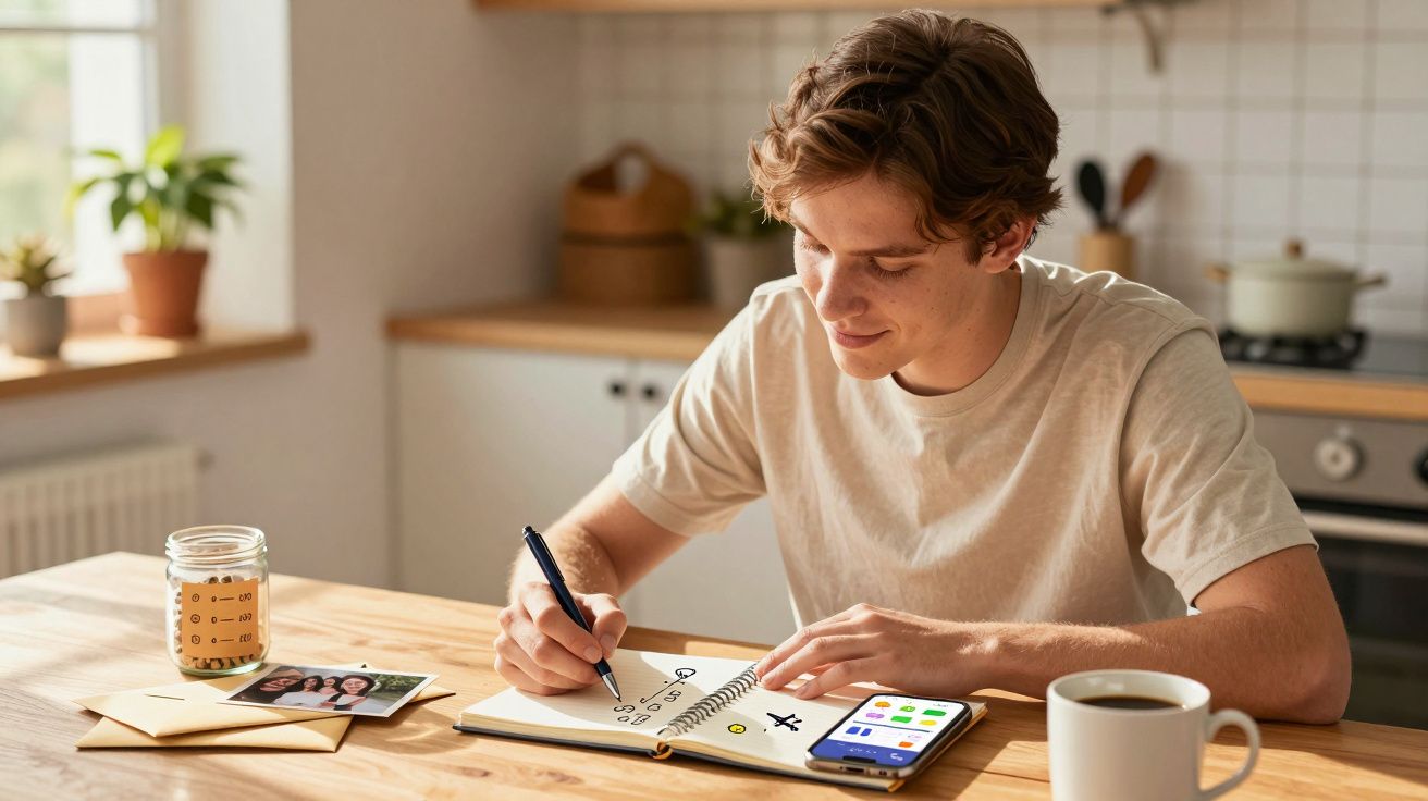 Jovem a fazer anotações num caderno à mesa da cozinha com telemóvel e chá ao lado.