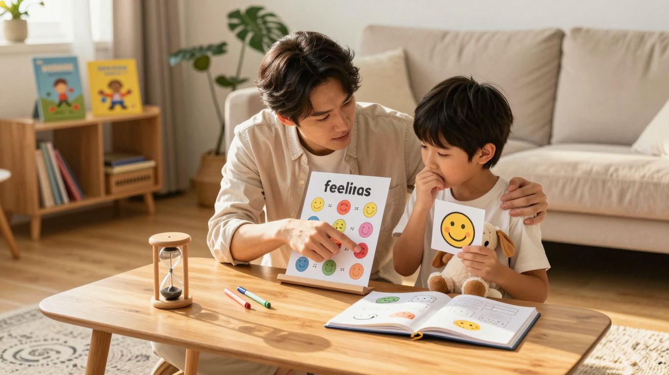 Adulto e criança sentados à mesa, aprendendo sobre emoções com cartões e livro ilustrado em sala de estar.