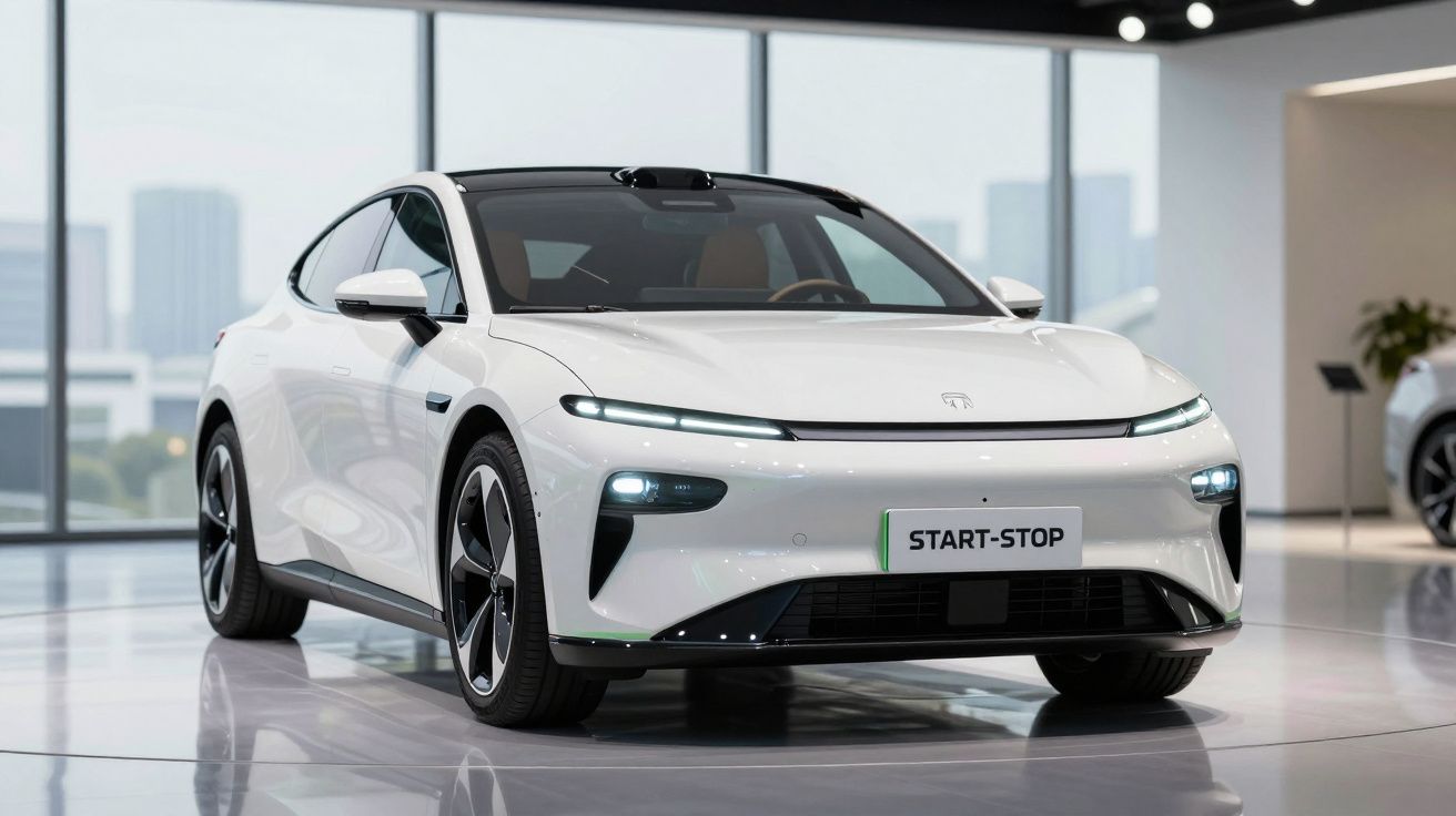 Carro elétrico branco de estilo moderno em exposição num ambiente interior com vidro ao fundo.