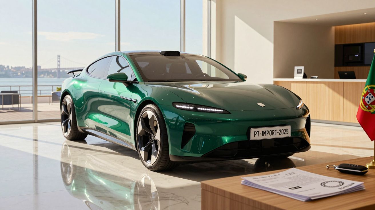 Automóvel elétrico verde reluzente numa sala moderna com janelas amplas e bandeira de Portugal visível.