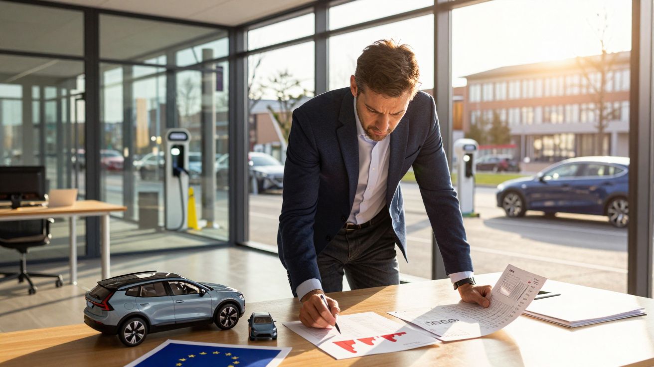 Homem de negócios a analisar gráficos numa mesa com miniaturas de carros elétricos num escritório moderno.
