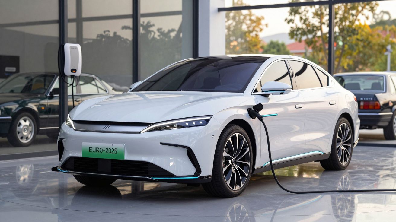 Carro elétrico branco a carregar numa estação de carregamento dentro de garagem moderna.